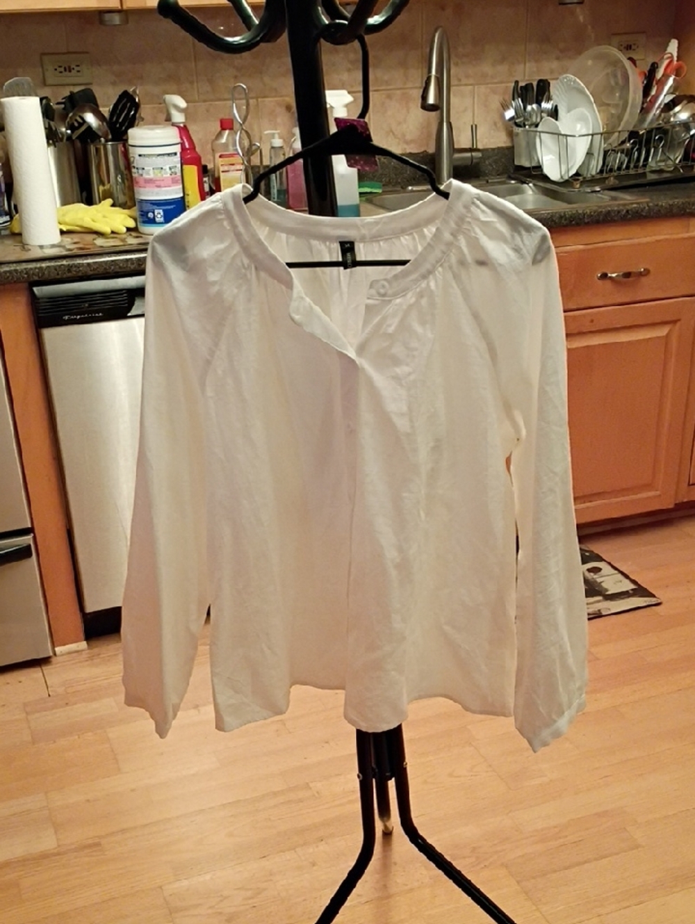 Women's White Long-Sleeve Split-Neck Blouse - Casual Elegant